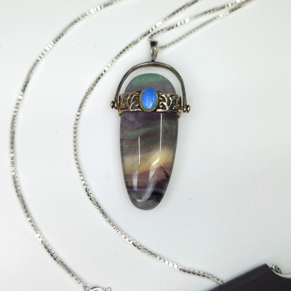 New Sterling Silver Necklace with Vintage Fluorite Pendant